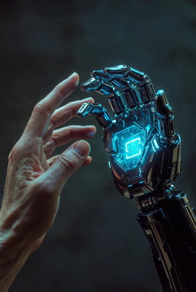 A human hand touching AI hand