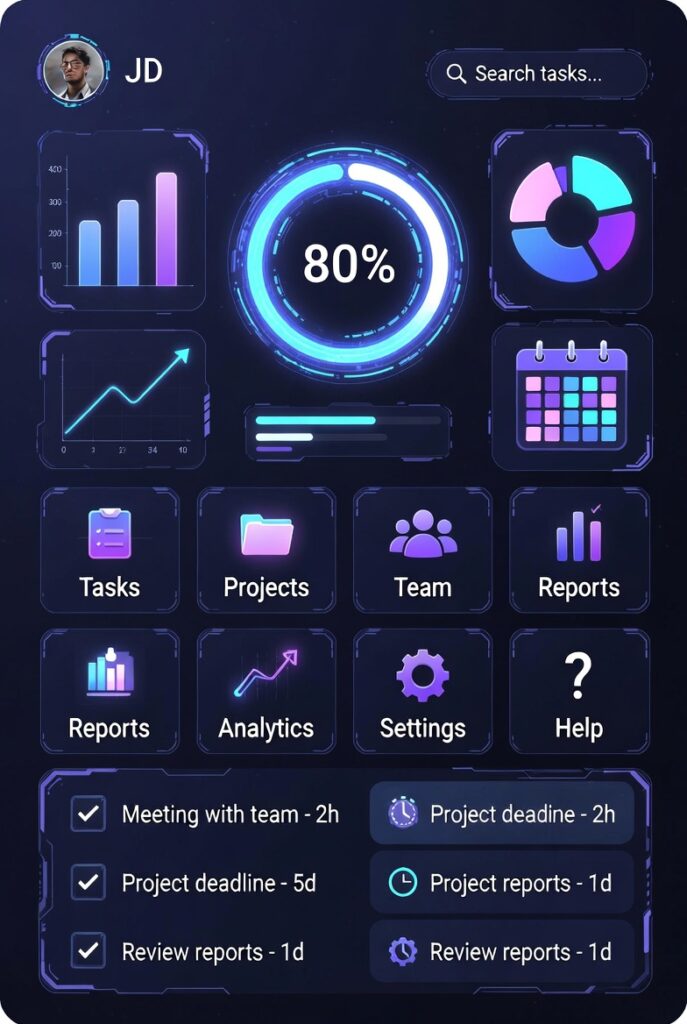 A futuristic digital dashboard showing 80+ task management features with icons and charts.