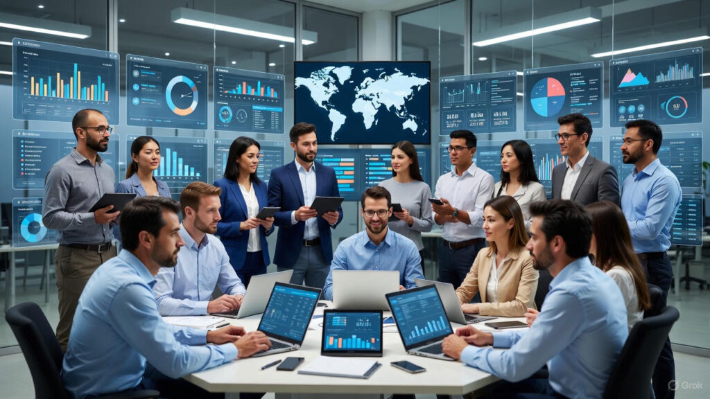 A modern eCommerce team collaborating in a bright digital workspace, with large digital dashboards showing product boards, charts, and analytics. Diverse team members working together, futuristic business environment, data visualization glowing on screens