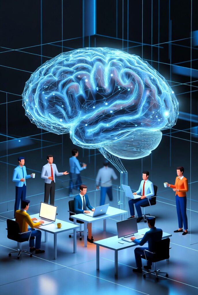 An abstract AI brain interacting with office workers, representing collaboration and intelligence, minimalistic and futuristic style.
