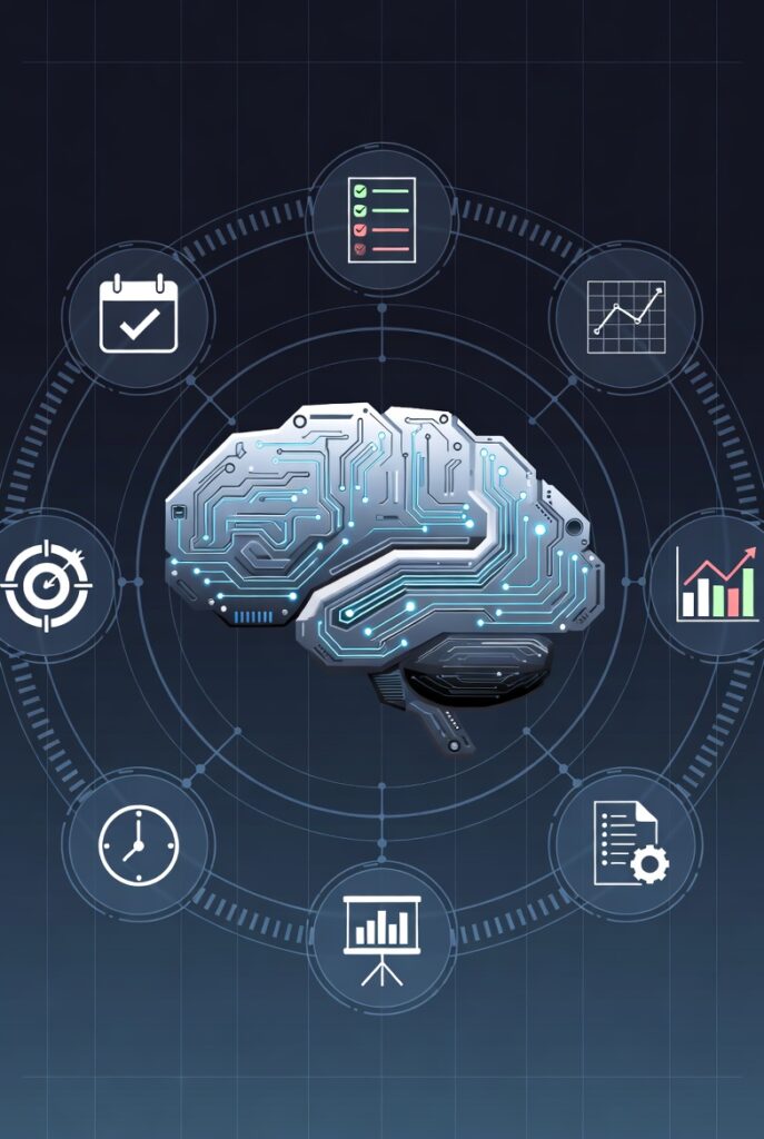 AI brain (neural network) orbiting around project management icons like tasks, calendar, ticket, checklist