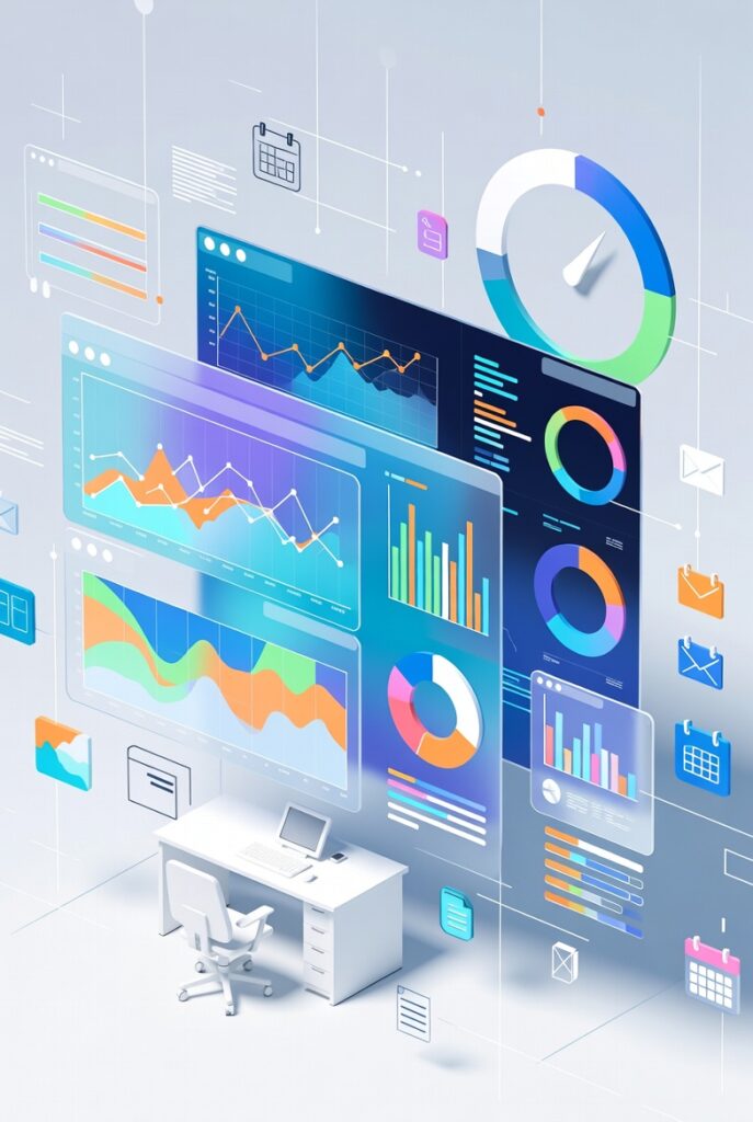 An abstract illustration of real-time dashboards transforming remote work into organized workflow.