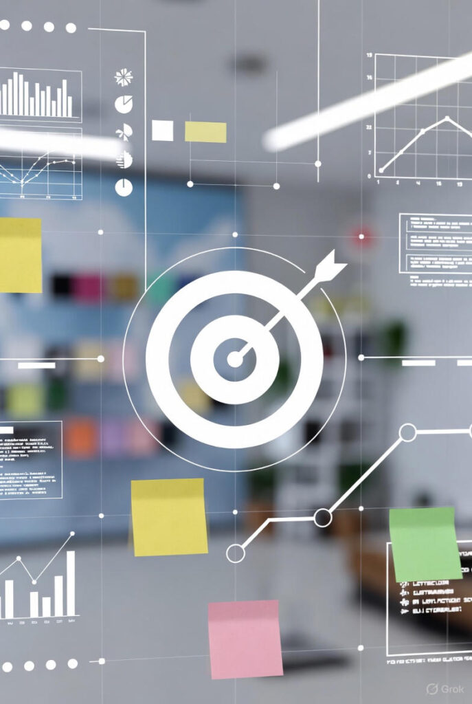 Conceptual image showing a target or roadmap overlayed on a digital product board, symbolizing alignment between short-term actions and long-term strategy