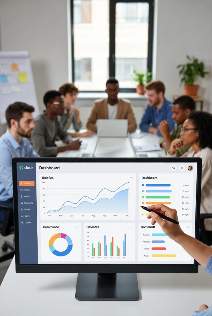 Diverse eCommerce team collaborating on digital product dashboard with graphs and data