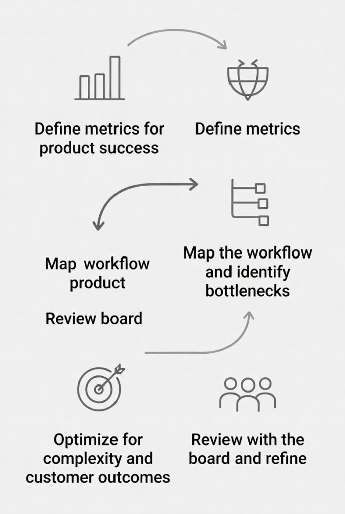 Flow-chart infographic showing the cycle: define metrics → map workflow → review board → optimize product complexity → tie to customer outcomes, with icons for each step.