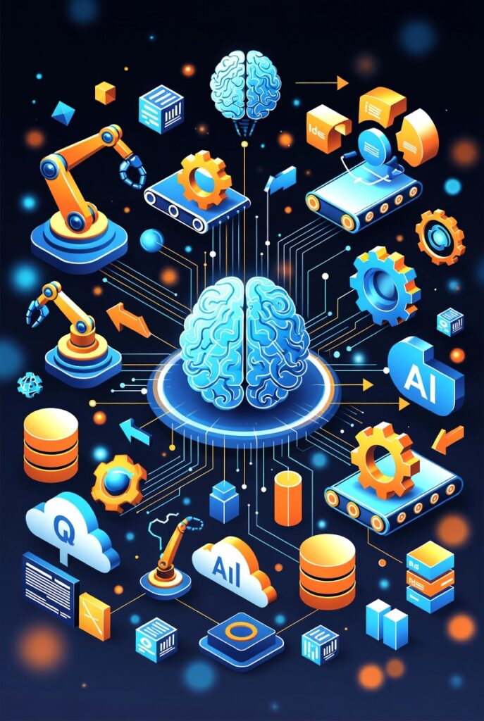 High-tech concept image: artificial intelligence and automation icons integrated into product-management tools, showing speed, efficiency and growth, isometric view