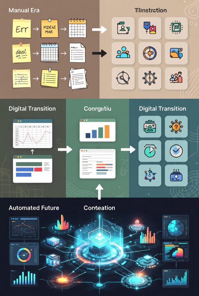 Illustration of a product management workflow diagram being transformed from manual spreadsheets and emails to automated flows and dashboards