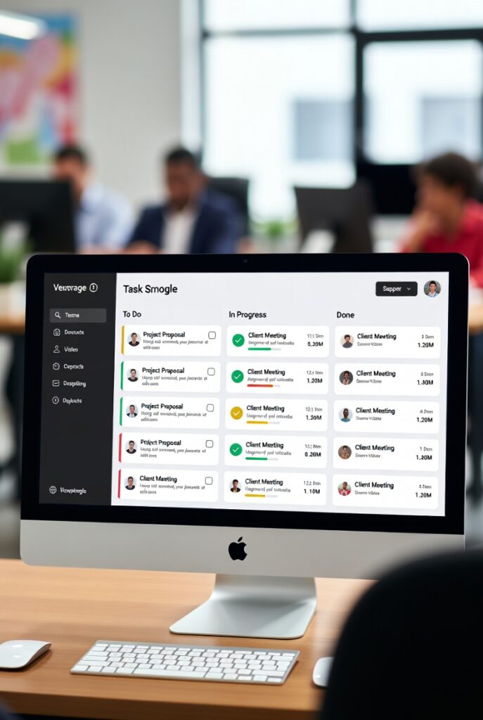 A photograph of a computer screen showing a task management interface in a blurred office setting.
