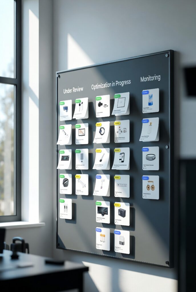 Visual of a smart board (virtual) with columns labelled ‘Under Review’, ‘Optimization in Progress’, ‘Monitoring’, filled with product cards, colour-coded tags, in a modern workspace.