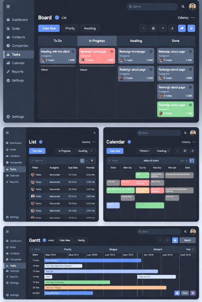 A combined UI showing board, list, calendar, and Gantt views side by side, inside a CRM interface, clean and professional.