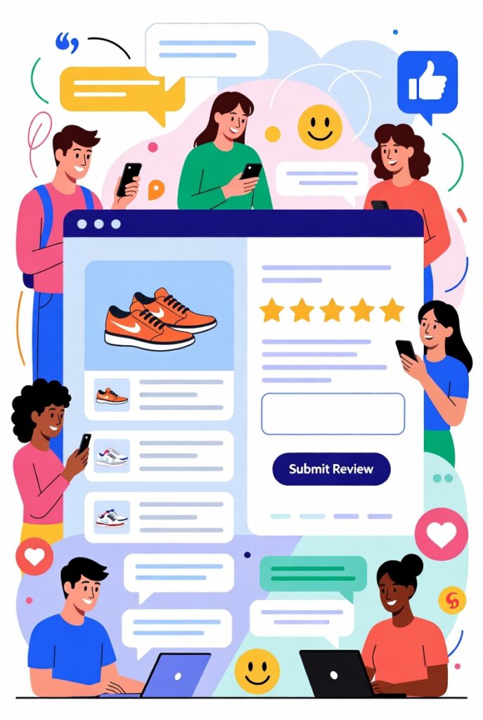 Customers leaving reviews on an eCommerce website, happy shoppers interacting with products online, feedback icons, star ratings, modern UI