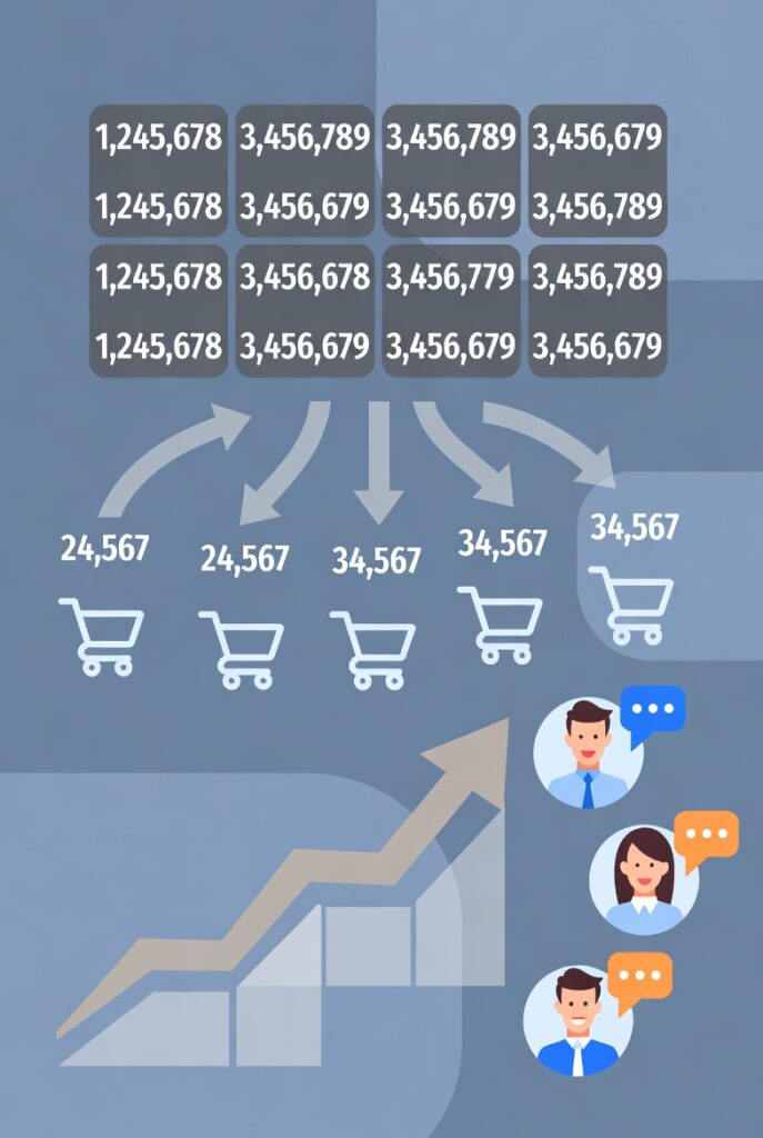 A dynamic infographic-style image showing raw data transforming into meaningful insights — numbers converting into upward-trending arrows, icons for shopping carts, and happy customers.