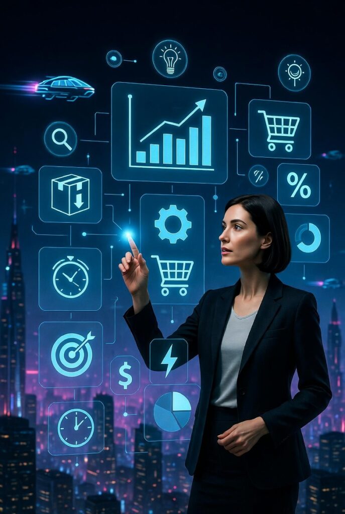 Illustration of an eCommerce manager analyzing product data on a futuristic smart board interface with icons for sales, inventory, and marketing