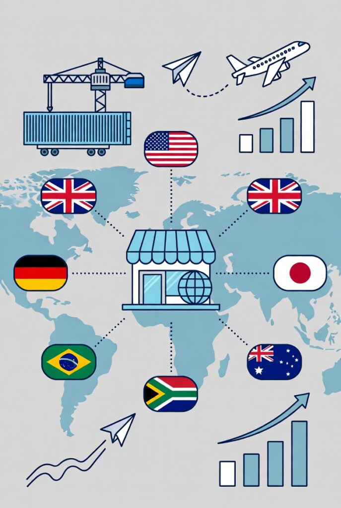 Global eCommerce expansion concept, online store connected to multiple countries with digital map, shipping icons, growth charts