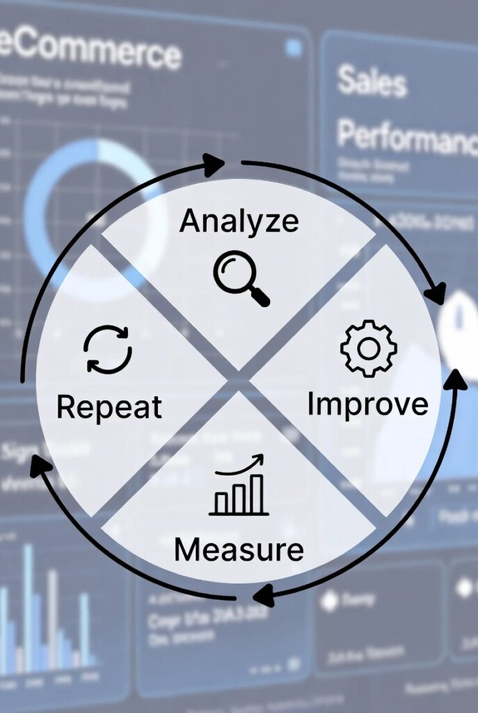 Circular data loop showing continuous improvement in eCommerce — arrows cycling through stages like analyze, improve, measure, and repeat, overlaid on a digital dashboard background.