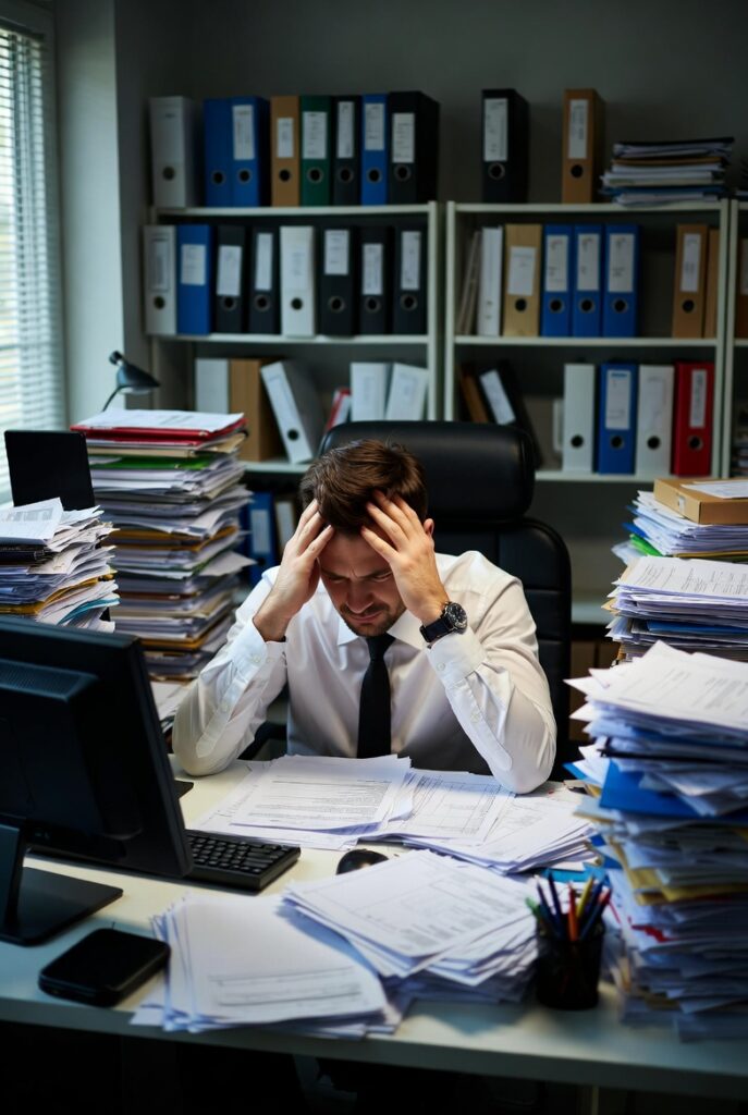 A frustrated eCommerce manager surrounded by spreadsheets and open tabs representing manual product updates.