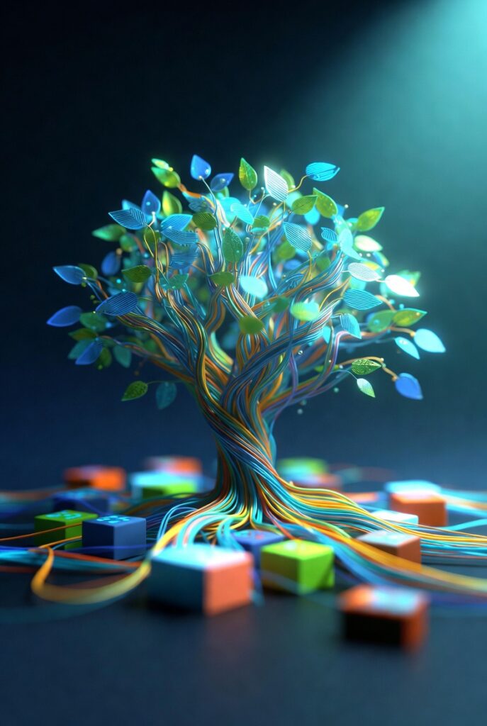 A symbolic photograph of a tree with interconnected cables, representing growth in a multi-tenant SaaS environment.