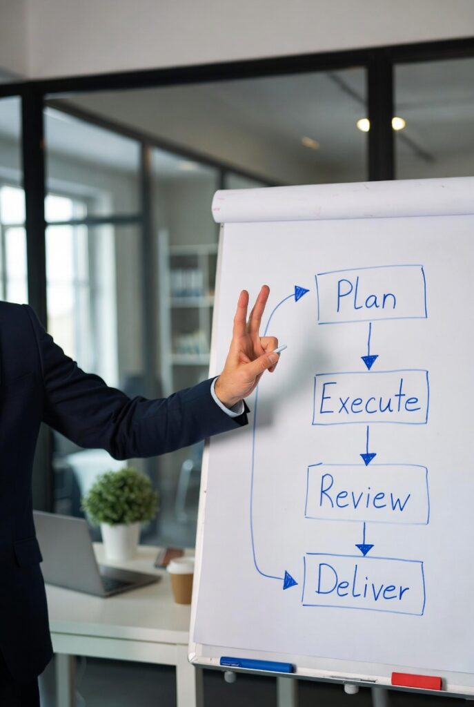 A business professional explains project management concepts in a modern office setting.