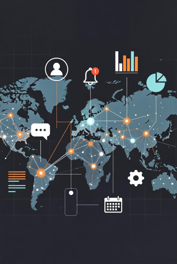 Abstract graphic showing remote collaboration — world map with connected dots/users, with overlay icons for tasks, charts, notifications — symbolizing global teams coordinating via dashboards.