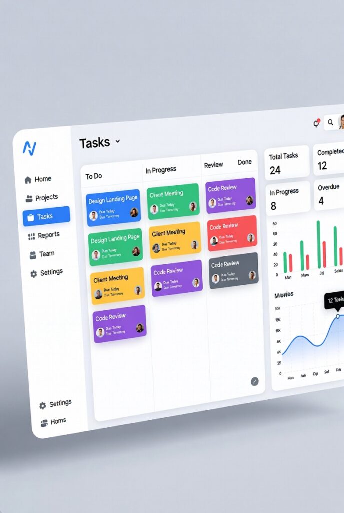 Modern digital taskboard interface with colorful cards and KPIs on a dashboard